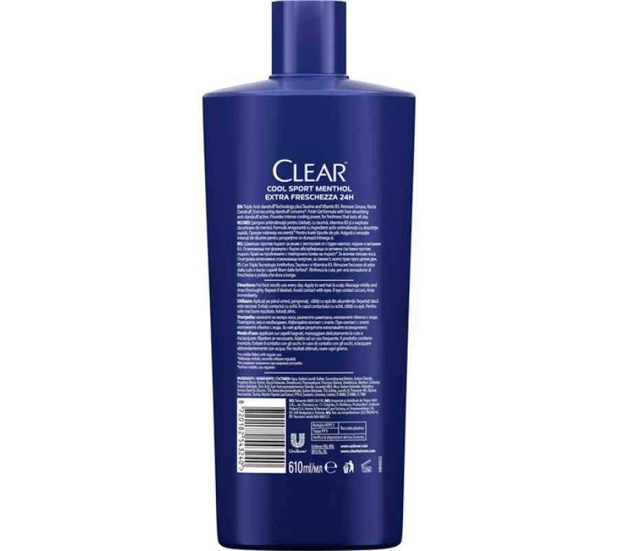 Шампунь проти лупи для чоловіків "Крижана свіжість з ментолом" Clear, 610 мл