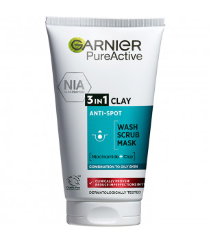 Средство 3в1: гель для умывания, скраб и маска с глиной для кожи лица Garnier, 150 мл