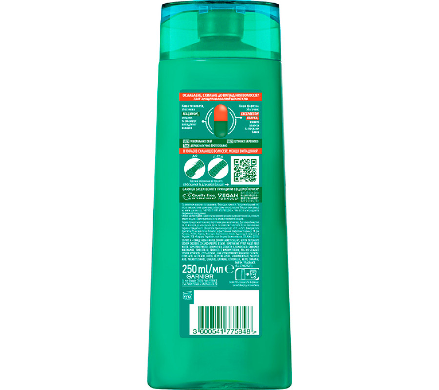 Зміцнюючий шампунь "Ріст на повну силу" для ослабленого волосся Garnier Fructis, 250 мл