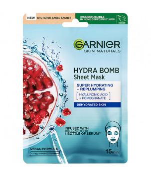 Тканинна маска для обличчя "Зволоження + АкваБомба" з гіалуроновою кислотою і екстрактом граната Garnier, 32 г