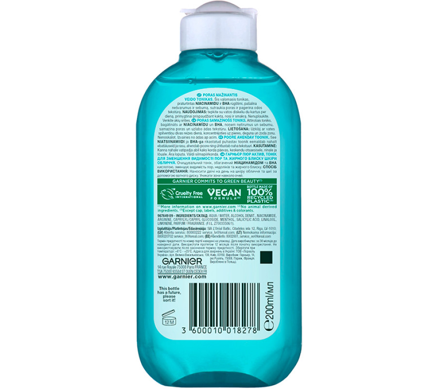 Тонік для зменшення видимості пор та жирного блиску шкіри обличчя Garnier, 200 мл