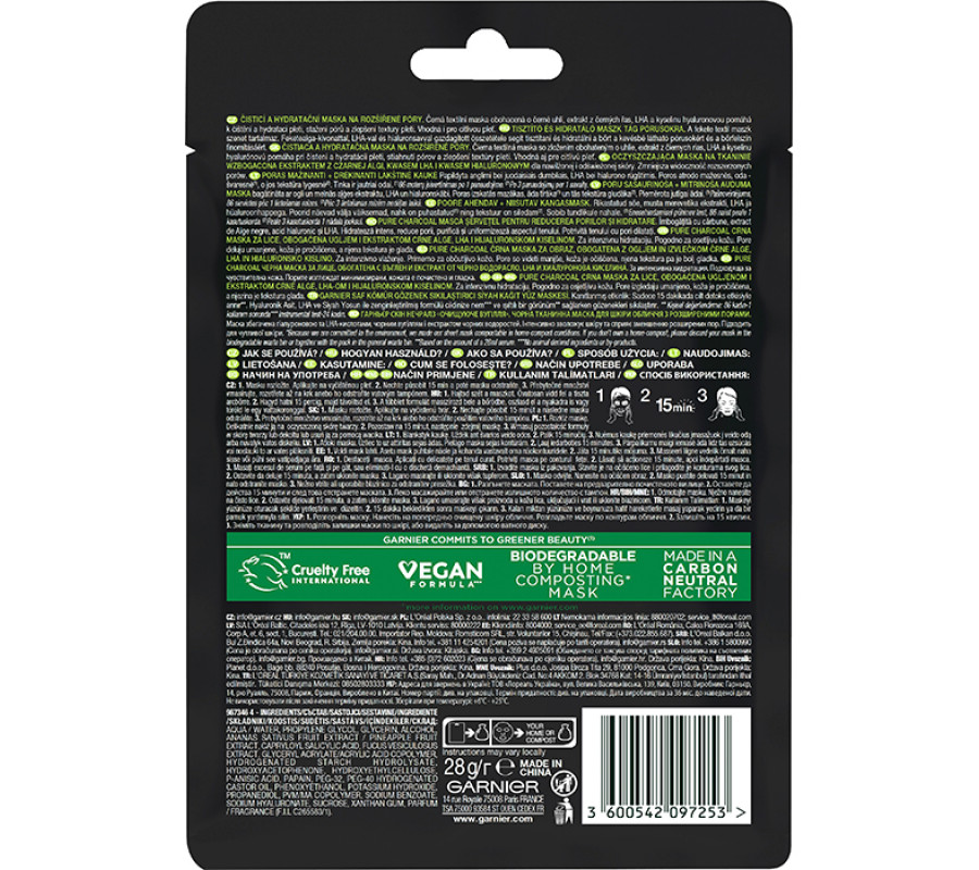 Чорна тканинна маска "Очищувальне вугілля", для шкіри з розширеними порами Garnier, 28 г