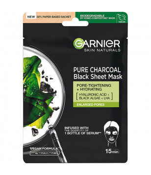 Черная тканевая маска "Очищающий уголь", для кожи с расширенными порами Garnier, 28 г