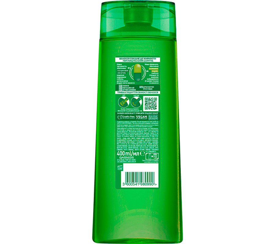 Шампунь для волосся "Заряд свіжості" для волосся, схильного до жирності Garnier Fructis, 400 мл