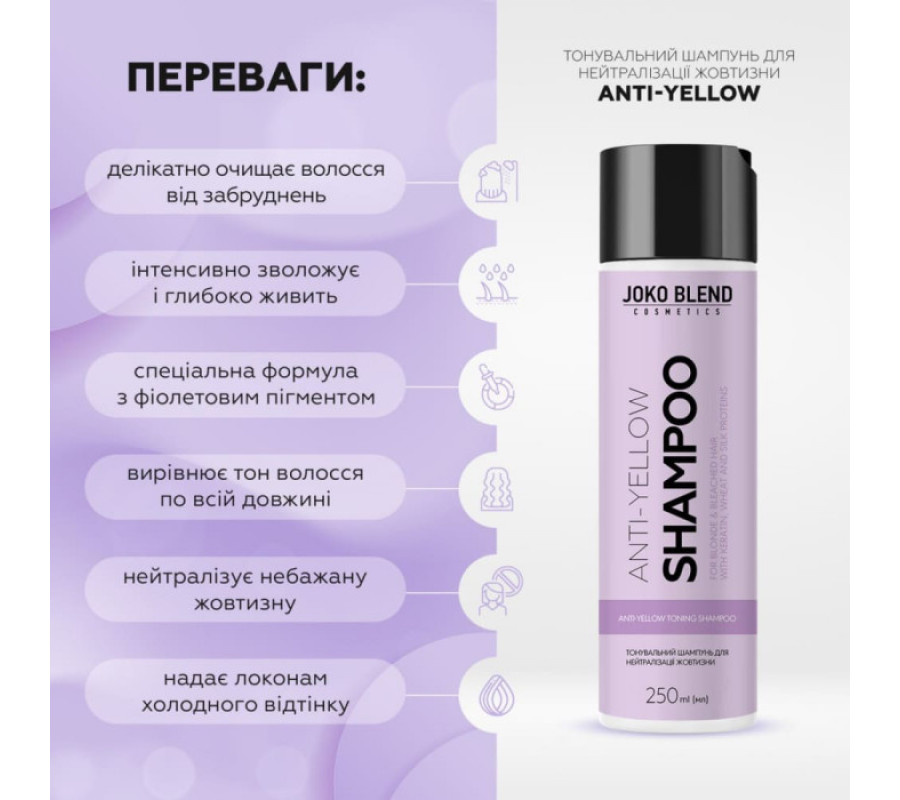 Тонувальний шампунь для нейтралізації жовтизни Anti-Yellow Joko Blend, 250 мл