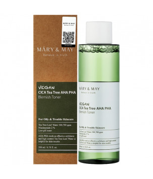 Тонер із центелою азіатською та чайним деревом Vegan Cica Tea Tree AHA PHA Toner Mary & May, 200  мл