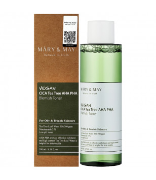 Тонер с центеллой азиатской и чайным деревом Vegan Cica Tea Tree AHA PHA Toner Mary & May, 200 мл