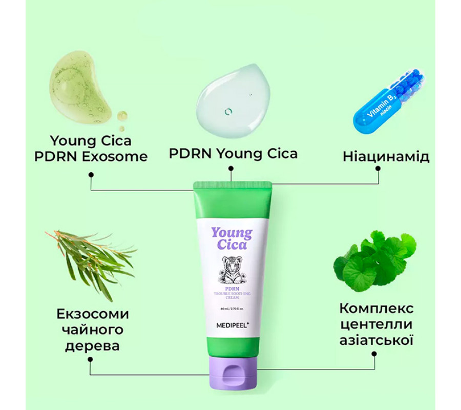 Medi-Peel Young Cica PDRN Trouble Soothing Cream — заспокійливий крем для обличчя з центелою та полінуклеотидами, 80 мл