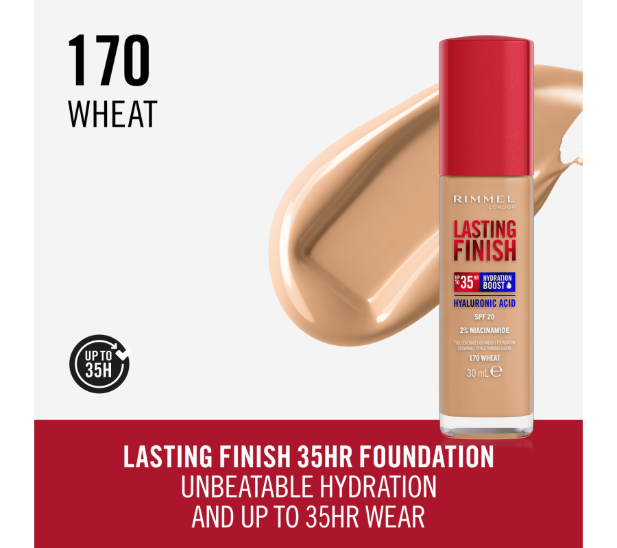 Тональна основа Lasting Finish Full Coverage Lightweight Foundation Rimmel London (170) Wheat, 30 мл