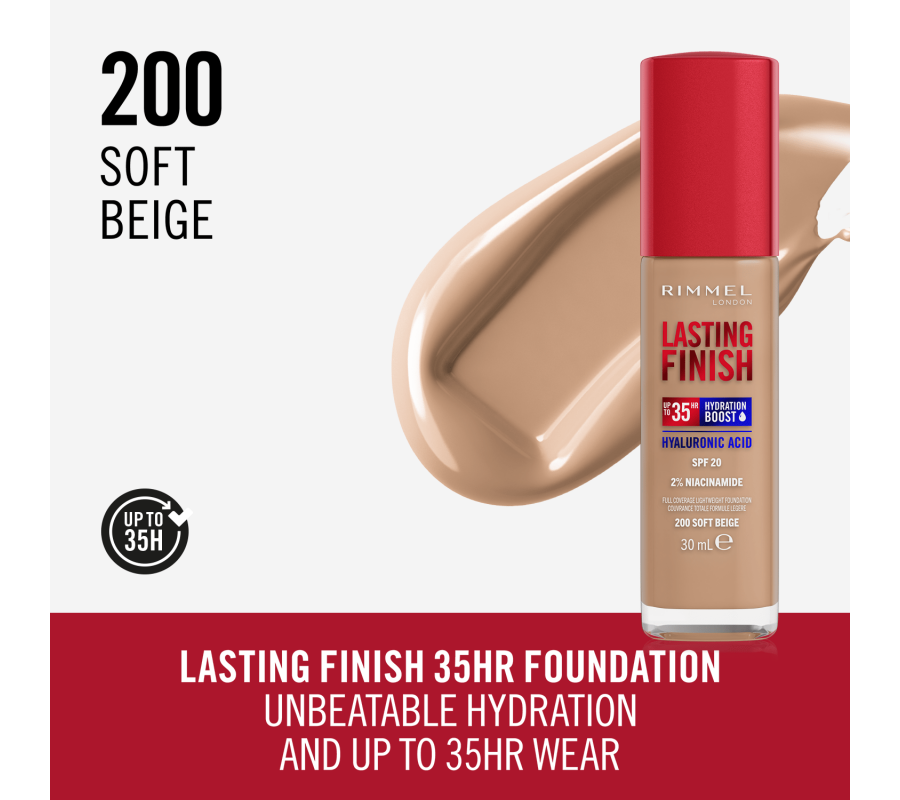 Тональна основа Lasting Finish Full Coverage Lightweight Foundation Rimmel London (200) Soft Beige, 30 мл