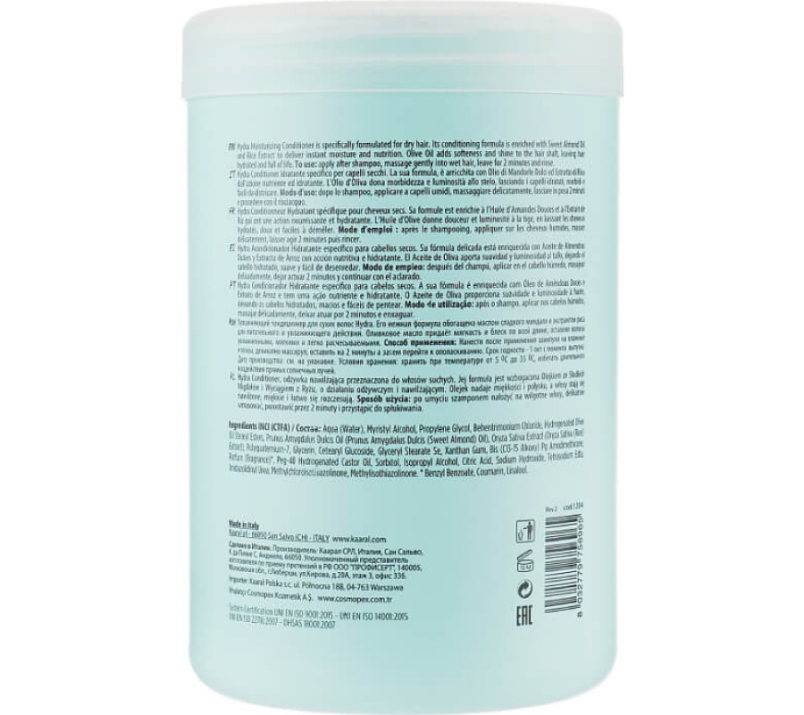 Kaaral Purify Hydra Conditioner — зволожувальний крем-кондиціонер з протеїнами рисового молочка і мигдальною олією, 1000 мл