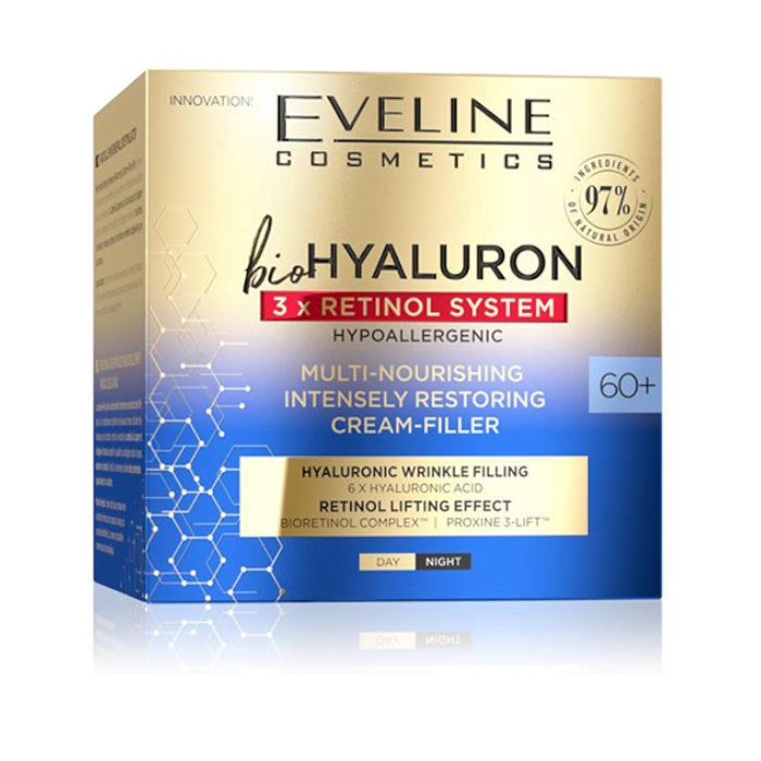 Мультиживильний крем-філер Cosmetics BioHyaluron 3xRetinol System 60+ Eveline Cosmetics, 50 мл