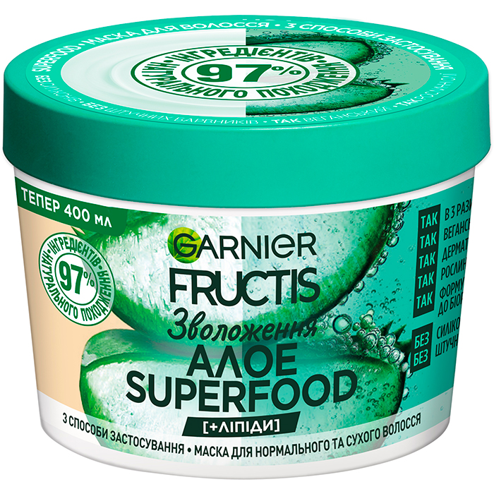 Garnier Fructis Aloe 3 в 1 — маска для нормального та сухого волосся, 390 мл
