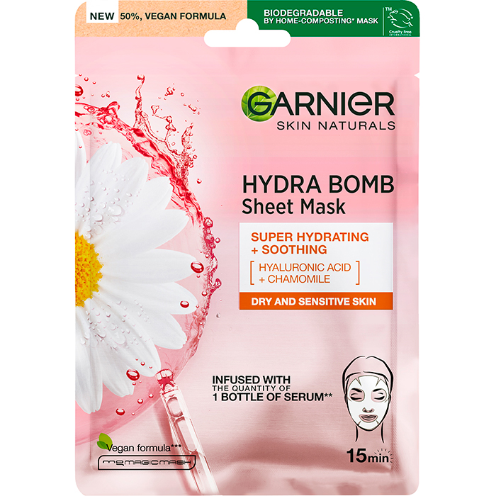 Тканинна маска для обличчя "Зволоження + Комфорт" з гіалуроновою кислотою і екстрактом ромашки Garnier, 32 г