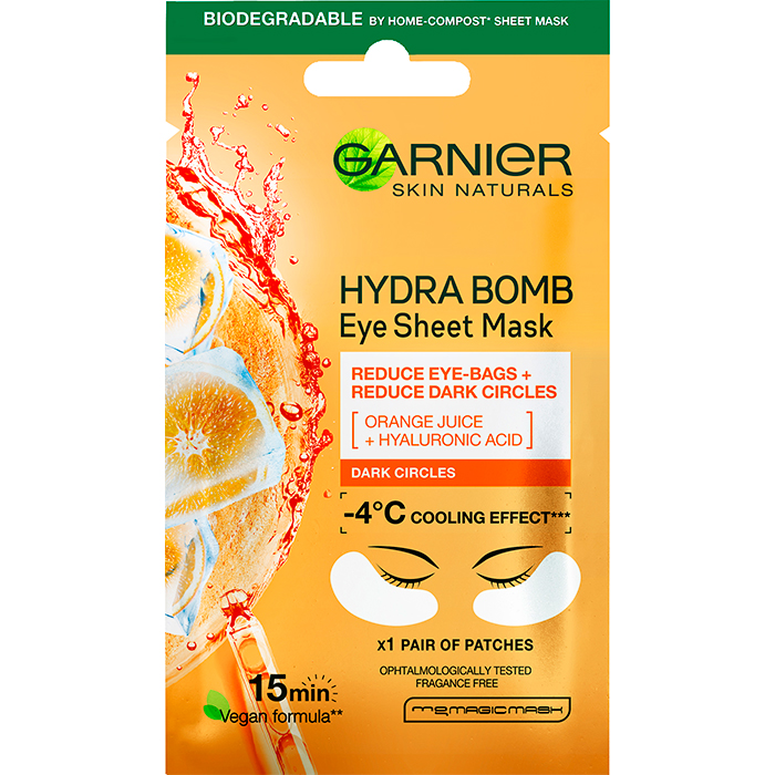 Тканинні патчі під очі "Зволоження + Свіжий погляд" з апельсиновим соком і гіалуроновою кислотою Garnier, 6 г