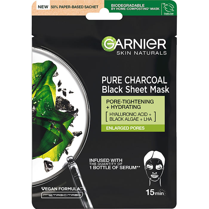 Чорна тканинна маска "Очищувальне вугілля", для шкіри з розширеними порами Garnier, 28 г