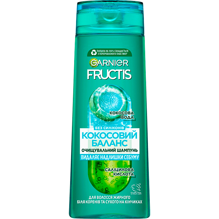 Шампунь для волосся, жирних на коренях і сухих на кінчиках, з кокосовою водою Garnier Fructis, 400 мл
