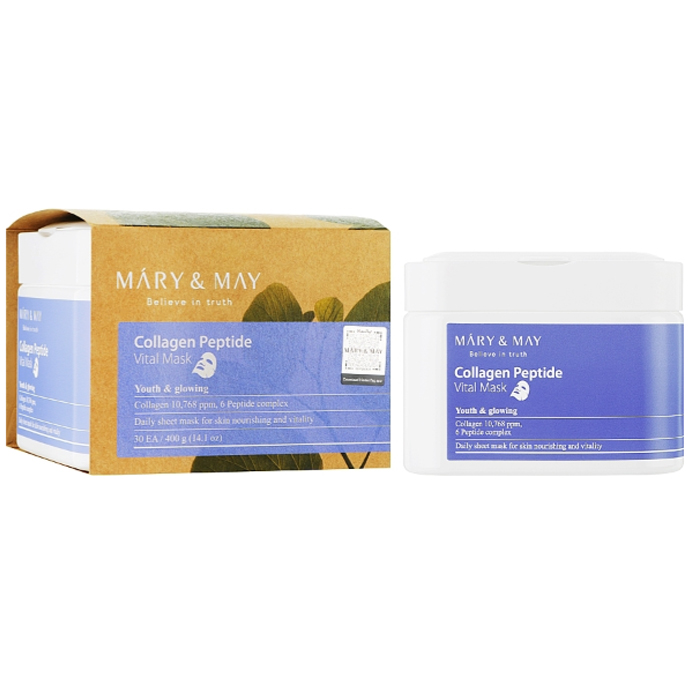 Тканинні маски з колагеном та пептидами Collagen Peptide Vital Mask Mary & May, 30 шт