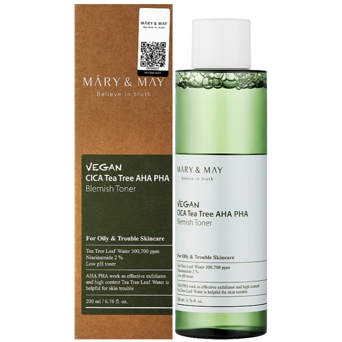Тонер с центеллой азиатской и чайным деревом Vegan Cica Tea Tree AHA PHA Toner Mary & May, 200 мл